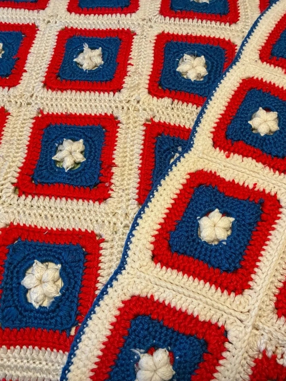 Handmade Crochet Afghan Blanket with Red,white,blue Squares